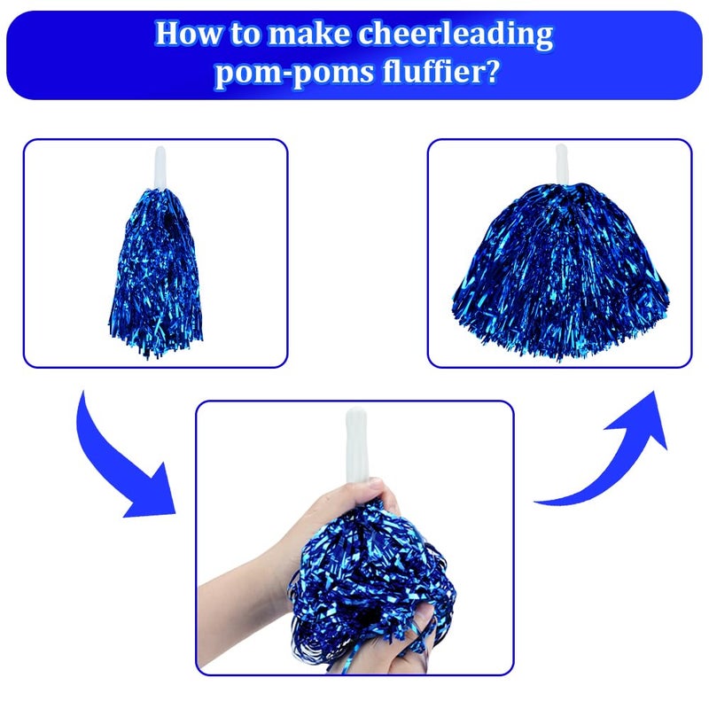 CUGBO 24Pcs Cheerleading Pom Poms, 1 Dozen Handle Metallic Foil Flower Ribbons Cheerleader Pompoms, Kids Children Ball Dance Sports Coaches Game Party Fancy (Blue) - Image 4